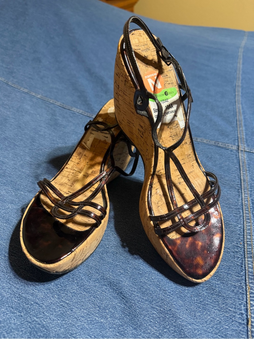 Stuart Weitzman Tortoiseshell Patent and Cork Wedge Sandals